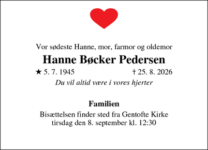 Dødsannoncen for Hanne B&oslash;cker Pedersen - Charlottenlund