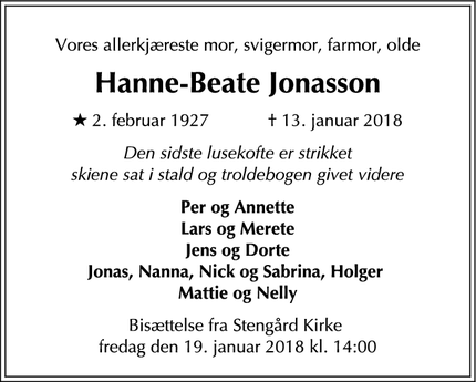 Dødsannoncen for Hanne-Beate Jonasson - Bagsværd