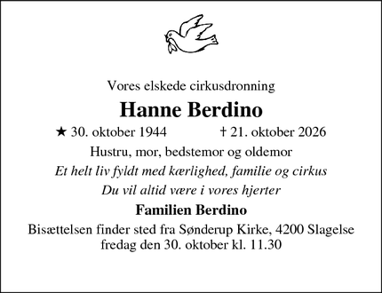 Dødsannoncen for Hanne Berdino - Slagelse