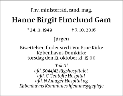 Dødsannoncen for Hanne Birgit Elmelund Gam - Holte