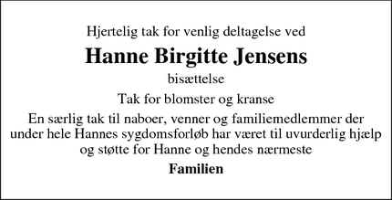 Dødsannoncen for Hanne Birgitte Jensens - Sondrup Strand
