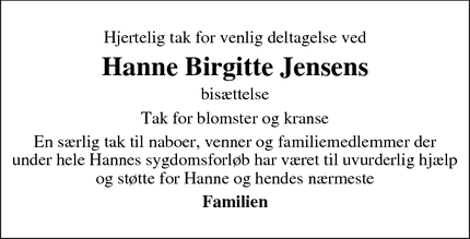 Dødsannoncen for Hanne Birgitte Jensens - Sondrup Strand