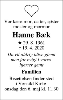 Dødsannoncen for Hanne Bæk - Kolding
