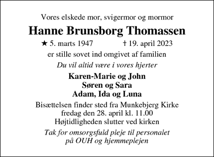 Dødsannoncen for Hanne Brunsborg Thomassen - Odense