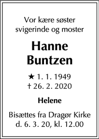 Dødsannoncen for Hanne Buntzen - Dragør