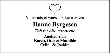 Dødsannoncen for Hanne Byrgesen - Ikast