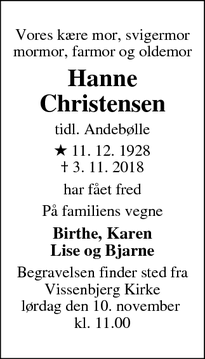 Dødsannoncen for Hanne Christensen - VISSENBJERG