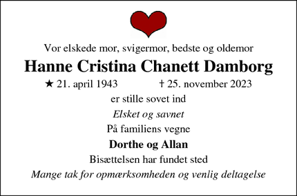 Dødsannoncen for Hanne Cristina Chanett Damborg - Aarhus C