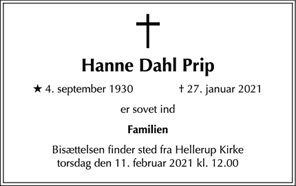 Dødsannoncen for Hanne Dahl Prip - Hellerup