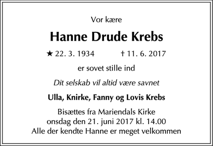 Dødsannoncen for Hanne Drude Krebs - København, Danmark