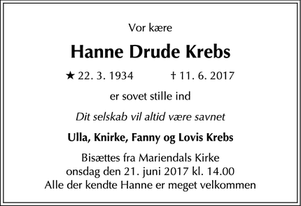 Dødsannoncen for Hanne Drude Krebs - København, Danmark