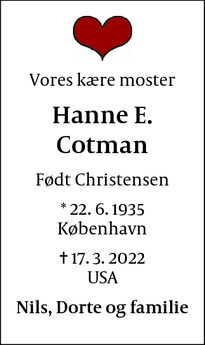 Dødsannoncen for Hanne E.
Cotman - Waxhaw, North Carolina