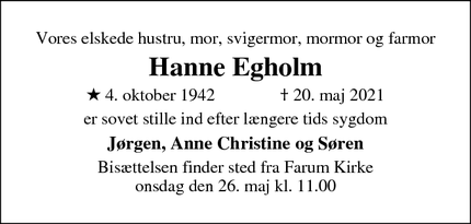 Dødsannoncen for Hanne Egholm - Farum
