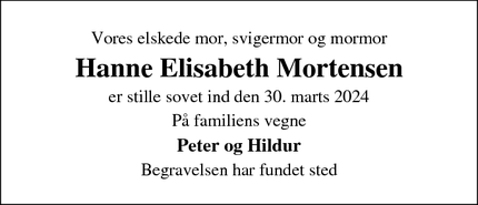 Dødsannoncen for Hanne Elisabeth Mortensen - ejby