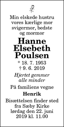 Dødsannoncen for Hanne Elsebeth
Poulsen - Sæby
