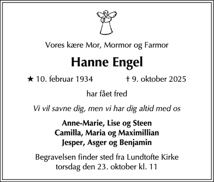 Dødsannoncen for Hanne Engel - Kongens Lyngby