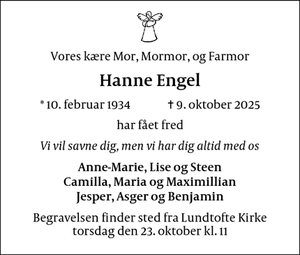 Dødsannoncen for Hanne Engel - Kongens Lyngby