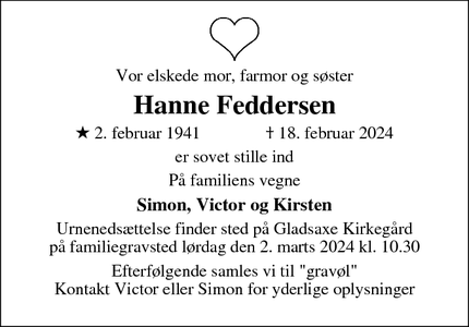 Dødsannoncen for Hanne Feddersen - Bagsværd