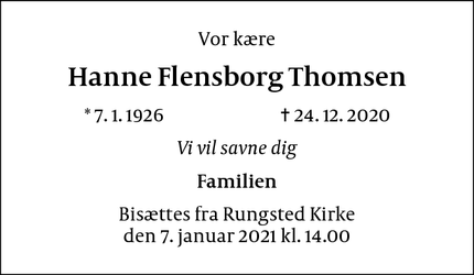Dødsannoncen for Hanne Flensborg Thomsen - Hørsholm