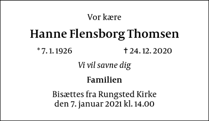 Dødsannoncen for Hanne Flensborg Thomsen - Hørsholm