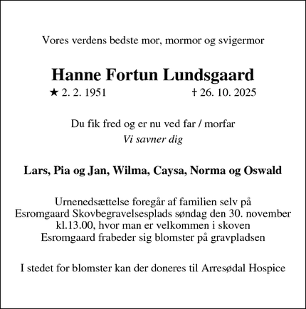 Dødsannoncen for Hanne Fortun Lundsgaard - Helsinge