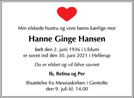 Dødsannoncen for Hanne Ginge Hansen - Hellerup