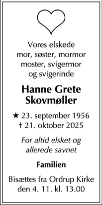 Dødsannoncen for Hanne Grete
Skovmøller - Charlottenlund