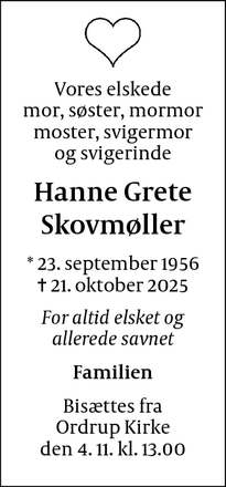 Dødsannoncen for Hanne Grete
Skovmøller - Charlottenlund