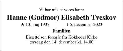 Dødsannoncen for Hanne (Gudmor) Elisabeth Tveskov - Hørsholm
