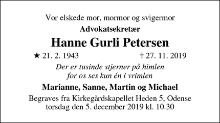 Dødsannoncen for Hanne Gurli Petersen - Odense