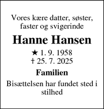 Dødsannoncen for Hanne Hansen - København Ø