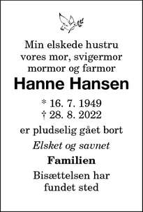Dødsannoncen for Hanne Hansen - Nakskov