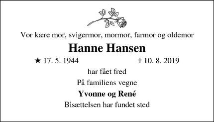 Dødsannoncen for Hanne Hansen - Asnæs
