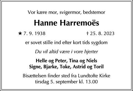 Dødsannoncen for Hanne Harremoës - Søborg