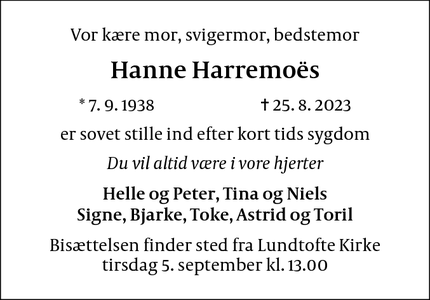 Dødsannoncen for Hanne Harremoës - Søborg