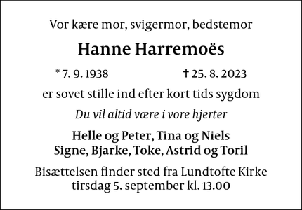 Dødsannoncen for Hanne Harremoës - Søborg