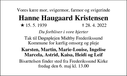Dødsannoncen for Hanne Haugaard Kristensen - Frederikssund