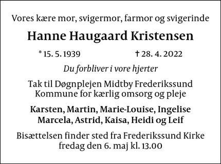 Dødsannoncen for Hanne Haugaard Kristensen - Frederikssund