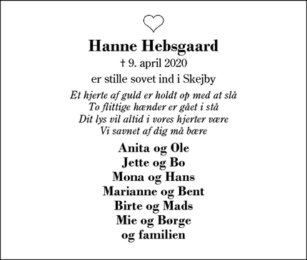 Dødsannoncen for Hanne Hebsgaard - Ørnhøj