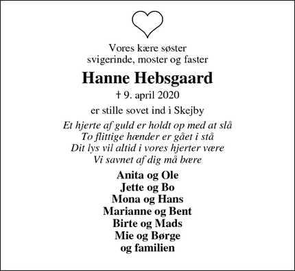 Dødsannoncen for Hanne Hebsgaard - Ørnhøj