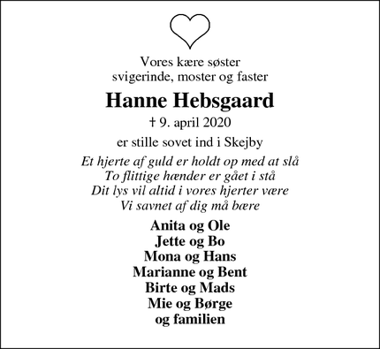 Dødsannoncen for Hanne Hebsgaard - Ørnhøj