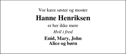Dødsannoncen for Hanne Henriksen - Thy