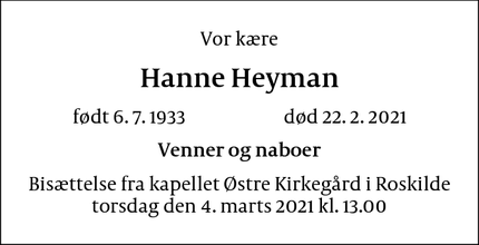 Dødsannoncen for Hanne Heyman - Englerup