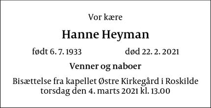Dødsannoncen for Hanne Heyman - Englerup