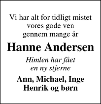 Dødsannoncen for Hanne Andersen - Suldrup