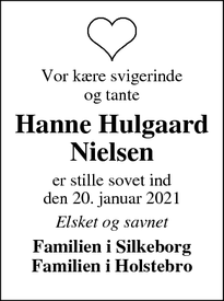 Dødsannoncen for Hanne Hulgaard
Nielsen - Fjand