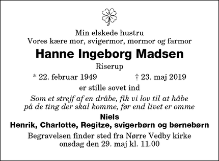 Dødsannoncen for Hanne Ingeborg Madsen - Riserup
