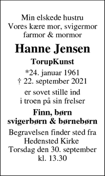 Dødsannoncen for Hanne Jensen - Hedensted