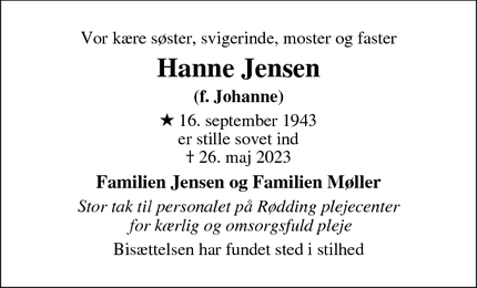 Dødsannoncen for Hanne Jensen - Skive