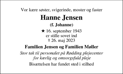 Dødsannoncen for Hanne Jensen - Skive